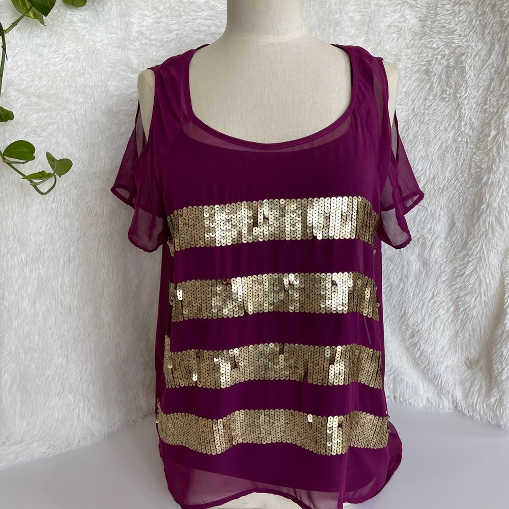 Rock & Republic Gold Sequin Sheer Top S
